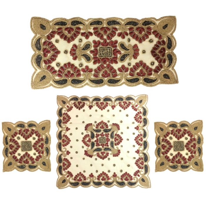 رومیزی 4 تکه تور مخمل هندی دست دوز کاوالی هوم